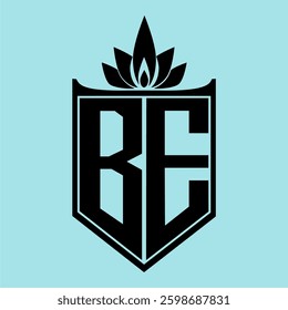 BE Logo featuring a minimalist design with a crown-like flower symbol on top, bold black elements, and a soft blue background, perfect for branding and modern visual identity.