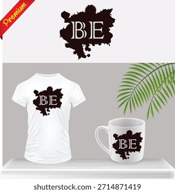 Logo de BE con diseño de silueta de mapa en camiseta blanca y maqueta de taza con hoja verde. Plantilla de concepto geográfico y marca limpia para prendas de vestir y Mercancía.