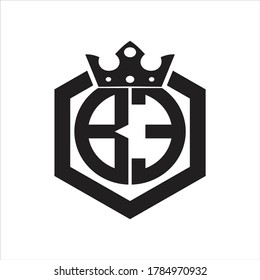 Monograma BE redondeado por forma hexagonal con plantilla de diseño de corona sobre fondo blanco