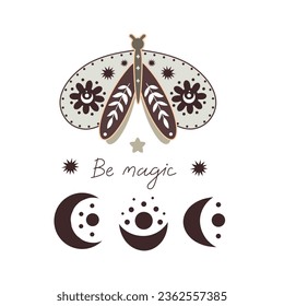 Be magic. Cartoon butterfly,  hand drawing lettering, décor elements. colorful vector illustration, retro style. design for cards, print, posters, logo, cover