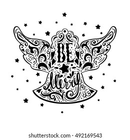Be Marry- Silhouette of a Christmas Angel with unique lettering. Hand drawn design element for Holiday. Christmas vector greeting card.