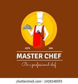 Be a Master Chef for cooking classes. Logo illustration mustache chef with hat, cloche and spatula in red apron. Logo with personality modern.