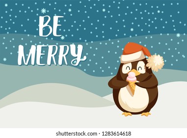 Be merry greeting card with cute arctic penguin eating ice cream. Winter cartoon character on North pole. Bird on snowy landscape and starry night sky