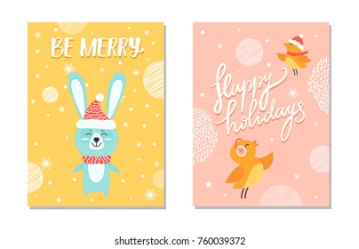 Be merry and happy holidays posters depicting hare wearing hat and red scarf, birds that are singing and flying around isolated on vector illustration