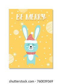 Be merry, image of rabbit wearing scarf and red hat with pattern, hare with closed eyes, snowflakes and dots around isolated on vector illustration