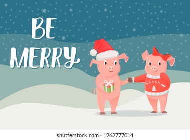 Be merry poster, piglet symbol of New Year with gift box on winter landscape with snowflakes. Pigs in sweater and hat wishing Merry Christmas vector postcard