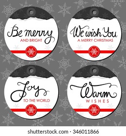 Be merry torn paper on dark patterned background with snowflakes Christmas winter holidays round badge set with red ribbon and wishes in English