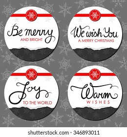 Be merry torn paper on dark patterned background with snowflakes Christmas winter holidays round sticker set with red ribbon and wishes in English