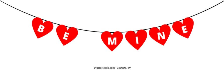 Be Mine bunting decoration for Valentines day with red hearts isolated on transparent background