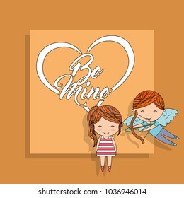 be mine cupid boy with bow and little girl yellow background