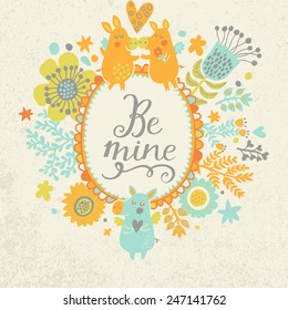 Be mine - cute couple of pigs with flowers in childish vector card. Romantic Valentines day background in orange colors. Stylish holiday card