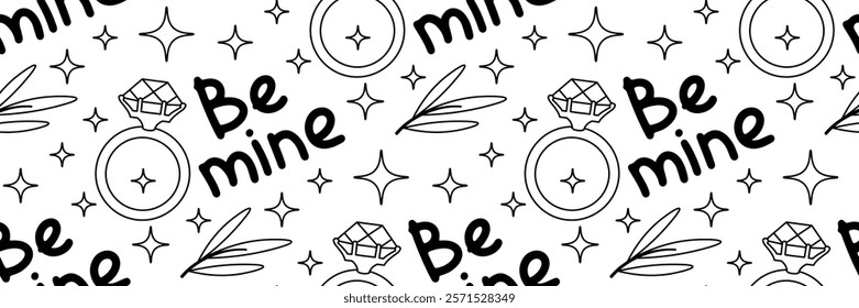 Be mine doodle pattern. Festive Background with diamond ring and hand lettering. Romantic marriage proposal. Valentines day background. For wallpaper. Vector outline illustration.