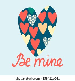 Be mine. Hand written text and cute  heart. Vector hand drawn illustration