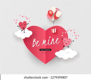 Be mine, Happy Valentine's Day greeting card with a pair of animated hearts, a love story, declaration of love. Romantic vector illustration suitable for wedding, engagement
