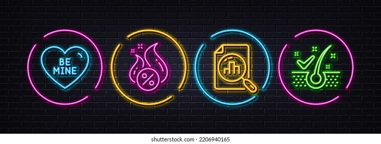 Be mine, Hot loan and Analytics graph minimal line icons. Neon laser 3d lights. Anti-dandruff flakes icons. For web, application, printing. Love sweetheart, Discount offer, Chart report. Vector