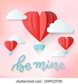 Be mine - love lettering quote. Valentine's day background, greeting card, sweet pink holiday invitation party with hot air heart shaped red balloons. Vector illustration.