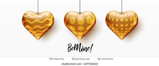 Be mine love text and golden hearts on white. Heart shaped air balloons on Valentines Day greeting background.