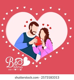 Be Mine Love You Text and Cartoon Couple Holding Red Heart for Happy Valentine's Day Concept.