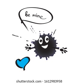 "Be mine" postcard with a blue heart and a cute ink blot that wants to take a hug. 