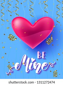 Be mine quote, background with realistic heart and golden serpentine, design template for cards, posters and banners