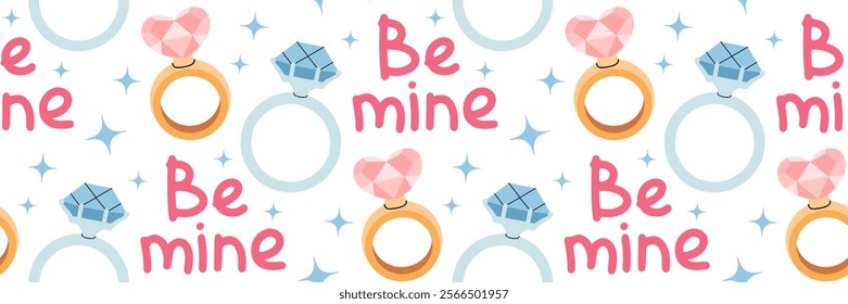 Be mine seamless pattern. Festive Background with diamond ring and hand lettering. Romantic marriage proposal. Valentines day background. Silver and Gold ring. For wallpaper. Vector illustration.