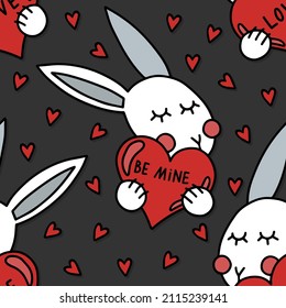 be mine sweet loving rabbit with a heart valentines day vector colorful illustrated seamless pattern on dark background
