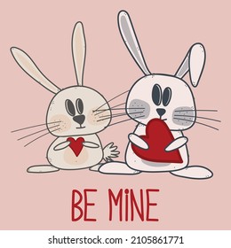 Be mine text with cute bunnies and red heart. Vector illustration is perfect for Valentine's Day banners, love and romantic cards design.