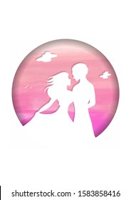 Be mine Valentine. Couple silhouette. Watercolor pink background. Vector illustration. Hand drawn.