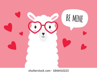 Be mine Valentine. Cute lama with sunglasses and speech bubble. Vector