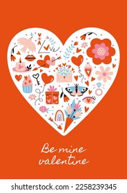 Be mine valentine. Greeting card with heart and romantic objects inside, cartoon style. Trendy modern vector illustration, hand drawn, flat