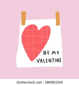 Be mine valentine. Paper note with heart.  Concept for Valentine's day. Hand drawn vector illustration on pink background. 