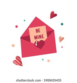 Be Mine Valentine. Vector illustration of an envelope with a love letter. Valentine's day greeting card.