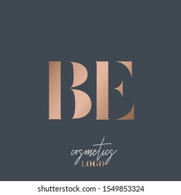 BE monogram logo.Typographic icon with rose gold letter b and letter e.Uppercase lettering sign.Metallic serif alphabet initials isolated on dark background.Luxury,beauty,boutique,modern style.