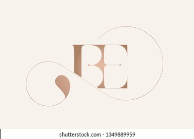 BE monogram.Typographic logo with serif letter b and letter e.Uppercase rose gold lettering icon isolated on light background.Elegant style alphabet sign.Branding,boutique,wedding ornate initials.