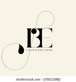 Logotipo de BE monogram.Logo tipográfico con letra serif b y letra e superpuesta.Icono de letras mayúsculas con giro decorativo.Elegantes iniciales de lujo aisladas en fondo blanco.