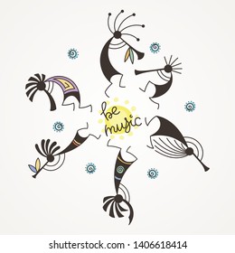 Be music. Hand drawn Kokopelli circle. Stylized mythical characters playing flutes. Vector art for prints. design, cards, children and coloring books, t-shirts