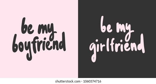 Be my boyfriend, girlfriend. Pink black background. Sticker vector for social media post. Hand drawn illustration design. Bubble popart comics style. poster, t shirt print, card, wallpaper, blog cover