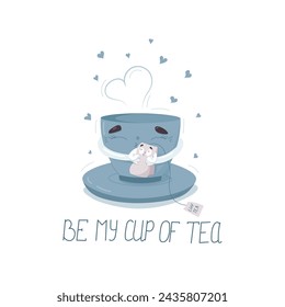 Be my cup of tea postcard. A mug hugs a tea bag, and hearts fly around.