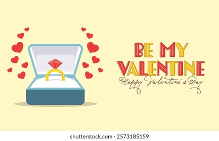 Be My Valentine? Happy Valentine's Day Banner with Open Ring Box and Hearts on Yellow Background.