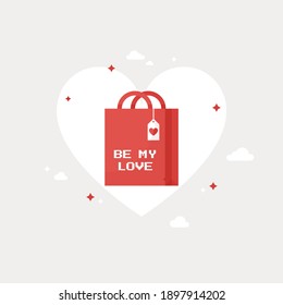 Be My Love Shopping Bag. Gift for the holidays. Valentine's day. 14 February. Flat design. Pink and Red. Eps 10