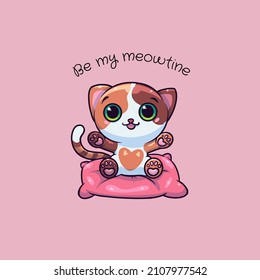 Be my meowtine. Cute cat on pillow with heart. Vector illustration with Valentine's Day theme