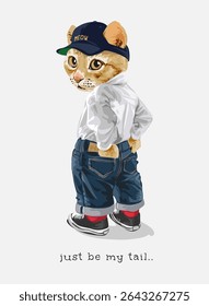 ser o meu slogan cauda com gatinho em camisa branca e calça jeans azul de pé atrás ilustração vetor