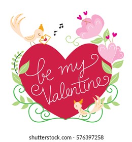 Be my Valentine big red heart vector graphic illustration. For card design, scrapbook, journal or web decoration.