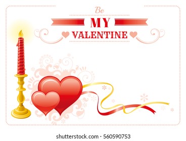 Be my Valentine border, red hearts couple, retro candle fire. Romance, love text lettering, isolated frame, white background. Cute romantic Valentines day banner vector illustration. Flat cartoon sign