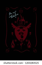 Be my Valentine card black and red hart fire rose flower arm lips 