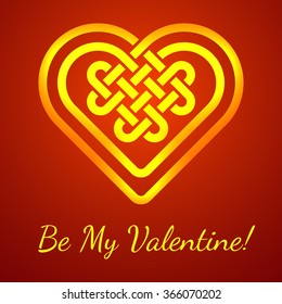 Be My Valentine card with a Celtic heart shape knot, vector illustration (glowing heart shape on deep red background)