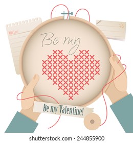 Be My Valentine card with embroidered heart can be used for scrapbook, etc.