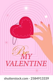 Be my Valentine card with red hearts on hand. Greeting card for St.Valentine's day.