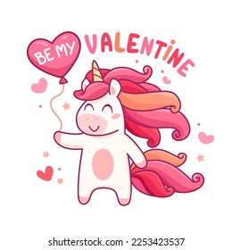 Be My Valentine card for Valentine's day with cute red Unicorn. Unicorn greeting card or invitation in cartoon style. Valentine's Day card with unicorn holding heart balloon. Vector illustration