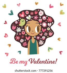Be My Valentine Card. Vector Illustration. Very Cute Design with Pretty Girl and Hearts. Valentines Day Design Element